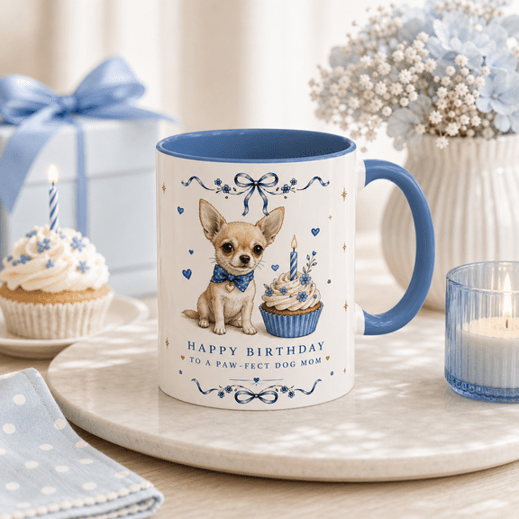 Chihuahua Birthday Mug Cute Dog Mom Gift with Cupcake and Blue Heart Details