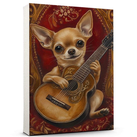 Chihuahua Cute Dog Guitar Stretched Canvas Size 8x12 – Retro Chihuahua Dog Batter in Action With Guitar for Themed Living Room