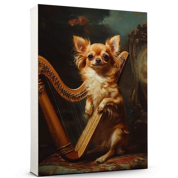 Chihuahua Cute Dog Harp Stretched Canvas Size 8x12 – Retro Chihuahua Dog Batter in Action With Harp for Themed Living Room