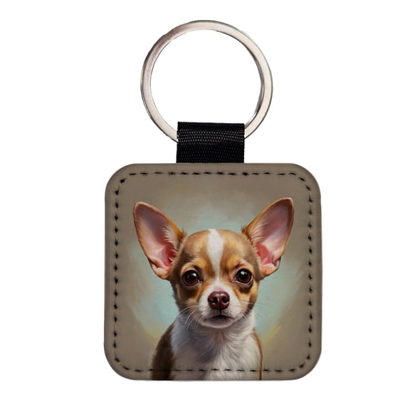 Chihuahua Dog Illustration Faux Leather Square Keychain