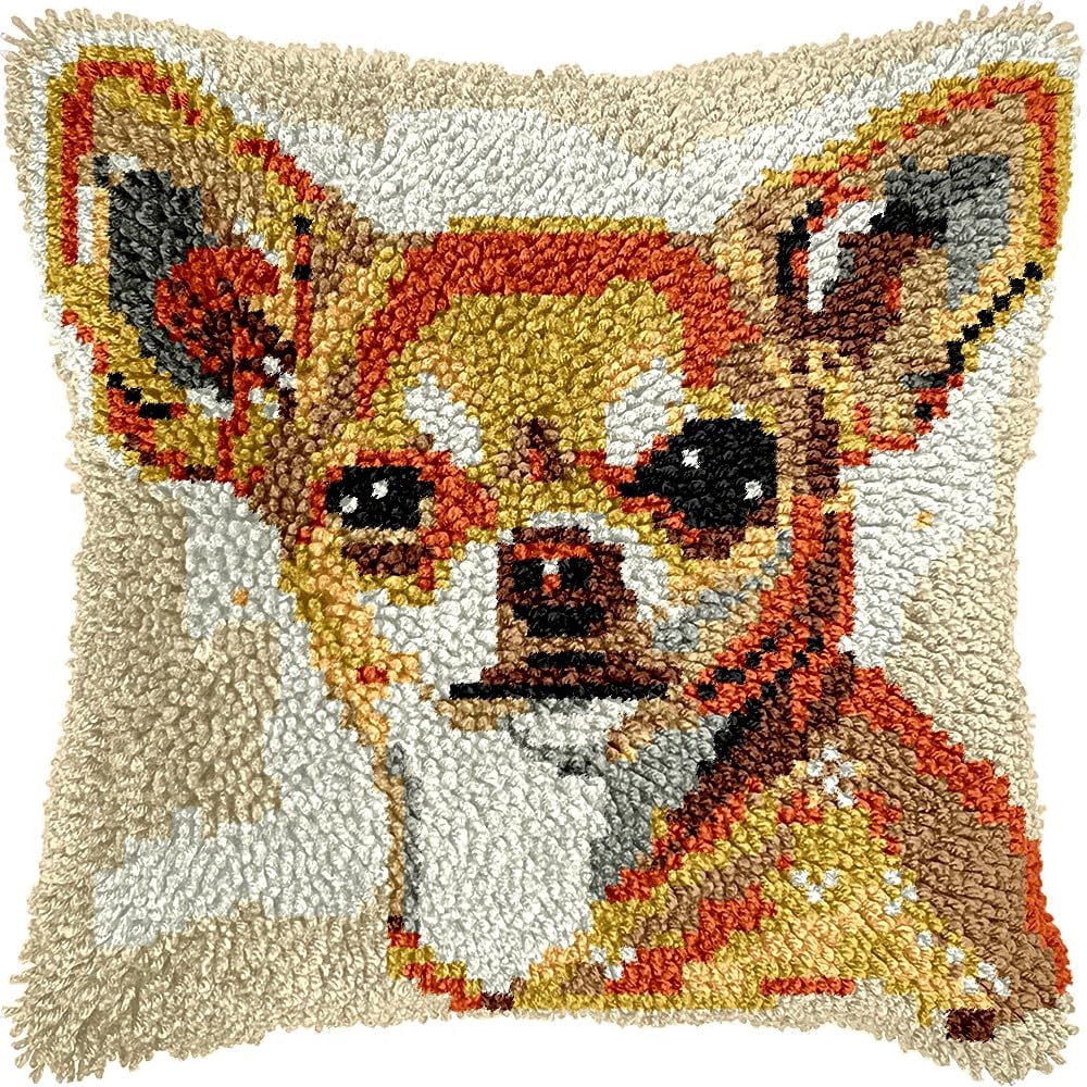 Chihuahua Dog Latch Hook Pillow Kits for DIY Handmade Throw Pillow Cushion Embroidery Latch Hooking Pillowcase Kits with Preprinted Canvas Crochet Yarn Kits 17''X 17''(g247)