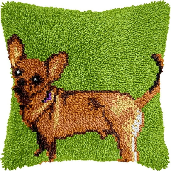 Chihuahua Dog Latch Hook Pillow Kits DIY Pillowcase Cushion Cover Crochet Hooking Pillow Making Kits with Color Pattern Canvas Crochet Hooking Kits Pillow 43x43cm(Z50)