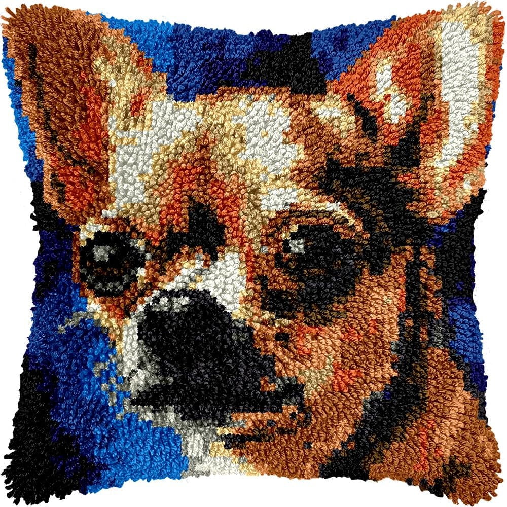 Chihuahua Dog Latch Hook Pillow Kits for DIY Throw Pillow Cushion Embroidery Latch Hooking Pillowcase Kits with Preprinted Canvas Crochet Yarn Kits for Home Decor 17''X 17''(d327)