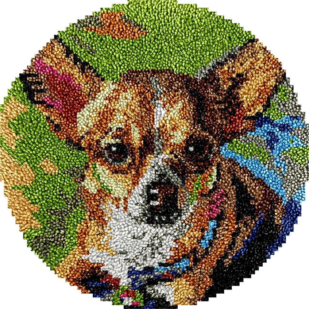 Chihuahua Dog Latch Hook Round Rug Kits Set for Starter Crochet Handmade Hooking Cushion Mat Sofa Seat Cushion Crocheting Kits with Preprinted Canvas Crochet Yarn Kits 50X50CM (r113)