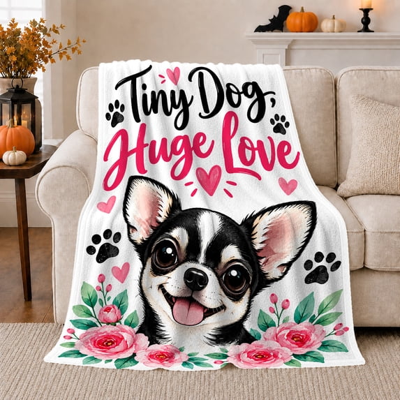 Chihuahua Dog Lover Art Pink Hearts Roses, Playful Pet Portrait Pattern, Warm Flannel Blanket for Living Room and Bedroom, Dog Moms decorative theme Gift, Pet Lover Home Decor