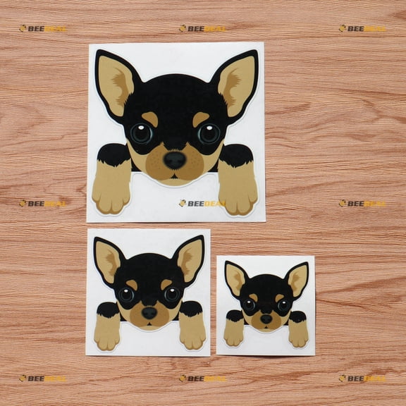 Chihuahua Dog Peeking Car Window Door Vinyl Decal Sticker Brown Black - 3 Pack Glossy, 3 Inches, 4 Inches, 6 Inches - for Car Back Window Laptop