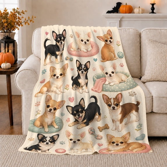 Chihuahua Dog Portrait Grid, Cozy Pet Portrait Pattern, Warm Flannel Blanket for Living Room and Reading Nook with Detailed Artwork, Dog Lovers Friendship Gift, Pet Lover Home Decor