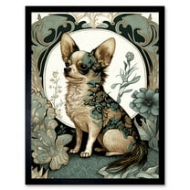Chihuahua Dog With Floral Pattern Fur Coat Modern Art Nouveau Portrait Illustration Art Print Framed Poster Wall Decor 12x16 inch