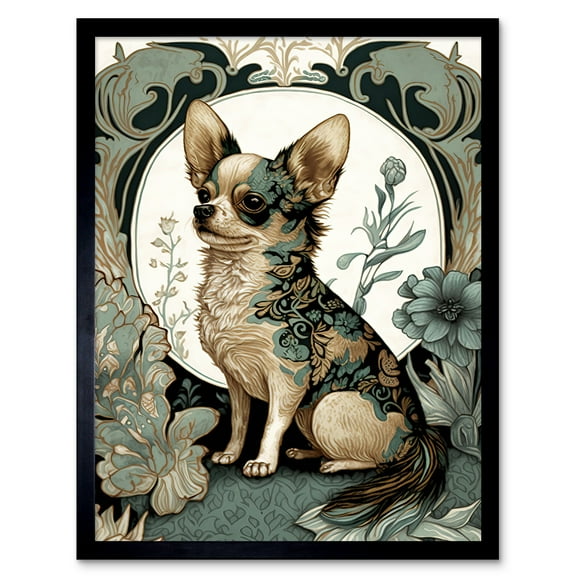 Chihuahua Dog With Floral Pattern Fur Coat Modern Art Nouveau Portrait Illustration Art Print Framed Poster Wall Decor 12x16 inch