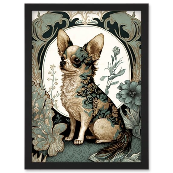 Chihuahua Dog With Floral Pattern Fur Coat Modern Art Nouveau Portrait Illustration Artwork Framed Wall Art Print A4