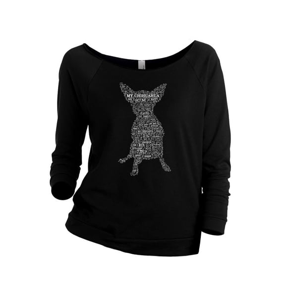 Chihuahua Dog Word Cloud Women's Fashion Slouchy 3/4 Sleeves Raglan Lightweight Sweatshirt Black 2X-Large