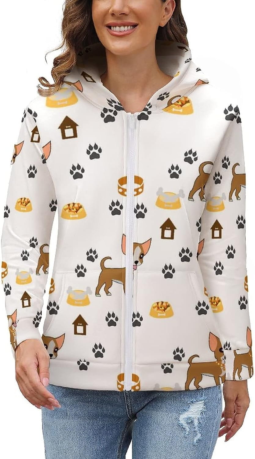 Chihuahua Dogs and Bones Women's Full-Zip Hooded Sweatshirt Soft Fleece ...
