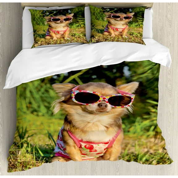 Chihuahua Duvet Cover Set King Size, Dog on Grass Wearing Sunglasses and Strappy Top Enjoying the Sun at Park, Decorative 3 Piece Bedding Set with 2 Pillow Shams, Multicolor, by Ambesonne