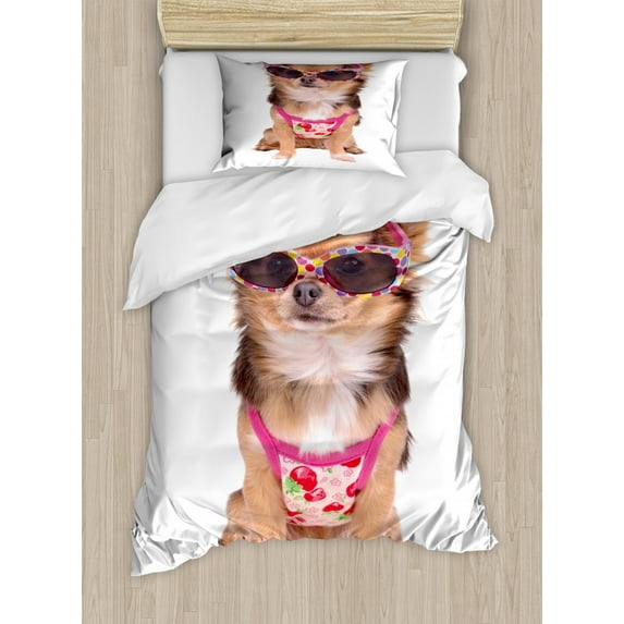 Chihuahua Duvet Cover Set Twin Size, Funny Photo of Sitting Tiny Puppy Wearing Summer Clothes and Sunglasses Print, Decorative 2 Piece Bedding Set with 1 Pillow Sham, Multicolor, by Ambesonne