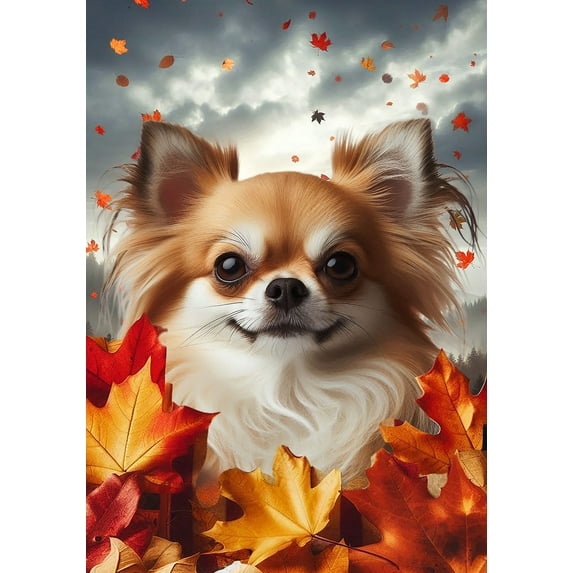 Chihuahua Fawn Longhaired - Best of Breed Fall Leaves Outdoor Garden Flag 12" x 17" Mailbox Flag Dog Flag