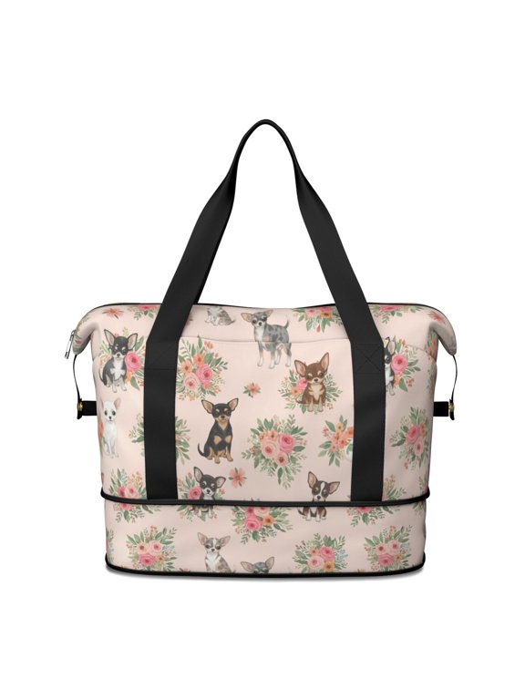 Chihuahua and Floral Pink Pattern Expandable Travel Tote Bag, Work Shopping Tote with Dry Wet Pockets, Waterproof Dacron Gift Ideas for Holiday Birthday Gifts