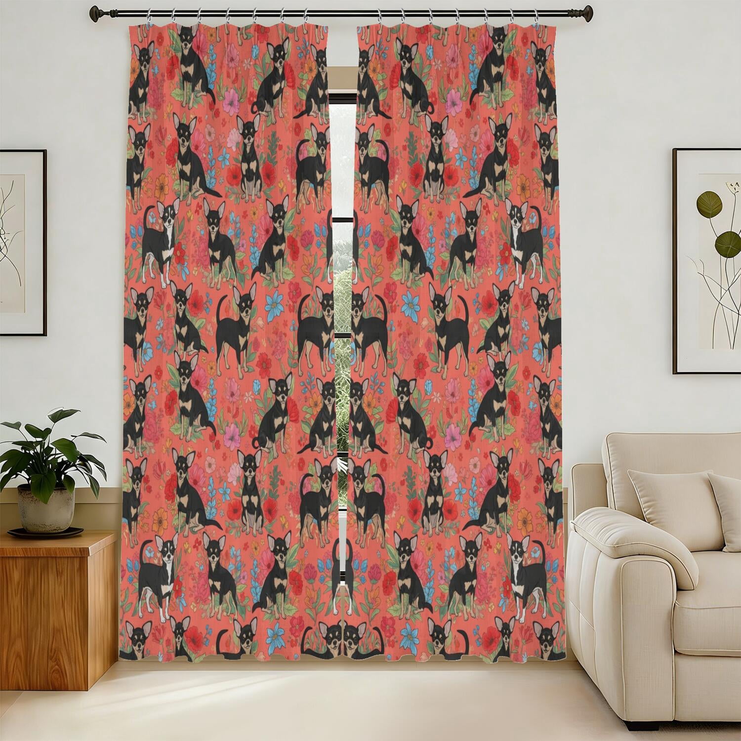 English Red Pattern Chihuahua and Floral Red Pattern Pinch Pleat Semi Sheer Linen Curtains ...