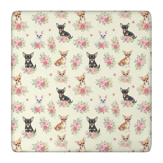 Chihuahua and Floral Yellow Pattern Square Fitted Tablecloth with Elastic Edge, Washable Table Cover for Home Kitchen Party and Daily Decor 36in(91cm)