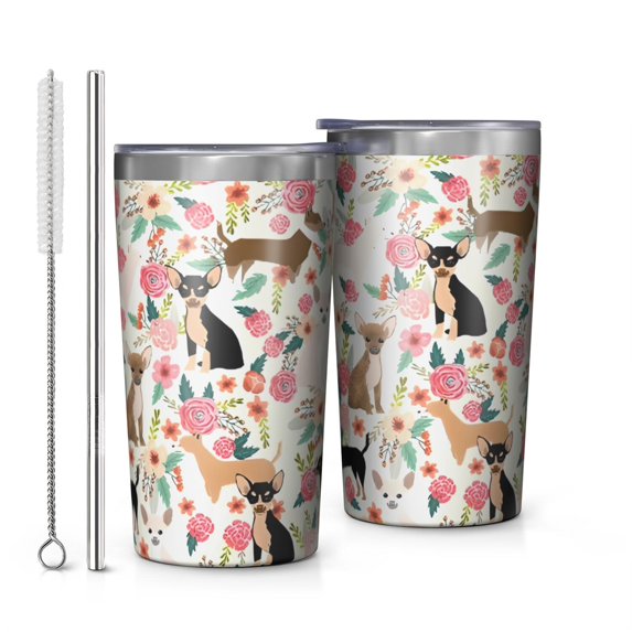 Chihuahua and Flower 10oz Tumblers Stainless Steel Tumbler with Lid and Straw,Vacuum Insulated Double Wall Travel Tumbler Cups with Cleaning Brush for Coffee, Tea