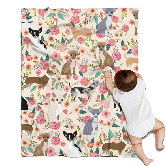 Chihuahua and Flower Florals Blanket,Comfortable Soft Flannel Throw Blanket,All Season,Warm Lightweight Blankets for Sofa Bed Couch Living Room Chair,30"x40"(80x100cm)