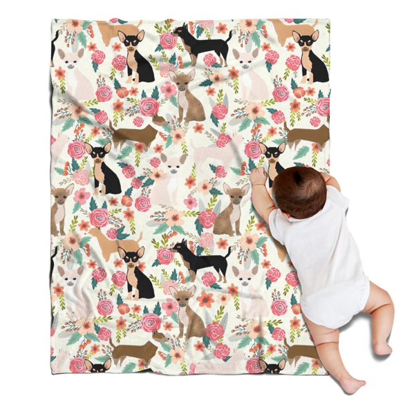 Chihuahua and Flower Florals Blanket,Comfortable Soft Flannel Throw Blanket,All Season,Warm Lightweight Blankets for Sofa Bed Couch Living Room Chair,30"x40"(80x100cm)