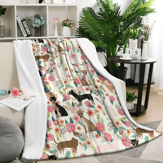 Chihuahua and Flower Florals Blanket,Comfortable Soft Flannel Throw Blanket,All Season,Warm Lightweight Blankets for Sofa Bed Couch Living Room Chair,50"x60"(130x150cm)