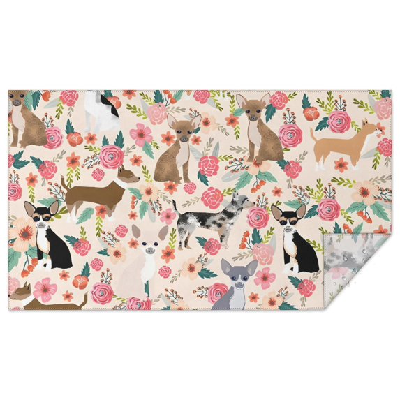 Chihuahua and Flower Florals Rectangle Tablecloth 60"x102",Waterproof Polyester Rectangle Table Cloth, Wipeable Spillproof Polyester Tablecloth for Dining, Camping, Indoor and Outdoor