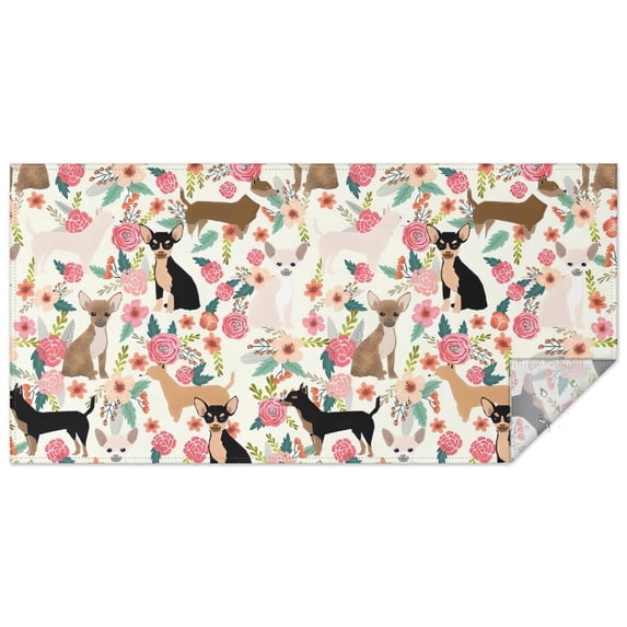 Chihuahua and Flower Florals Rectangle Tablecloth 60"x120",Waterproof Polyester Rectangle Table Cloth, Wipeable Spillproof Polyester Tablecloth for Dining, Camping, Indoor and Outdoor