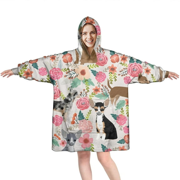 Chihuahua and Flower Florals Wearable Oversized Blanket,Wearable Blanket Hoodie for Adults,Cozy Hooded Blankets with Super Pockets,Super Warm Fuzzy Pullover for Women & Men