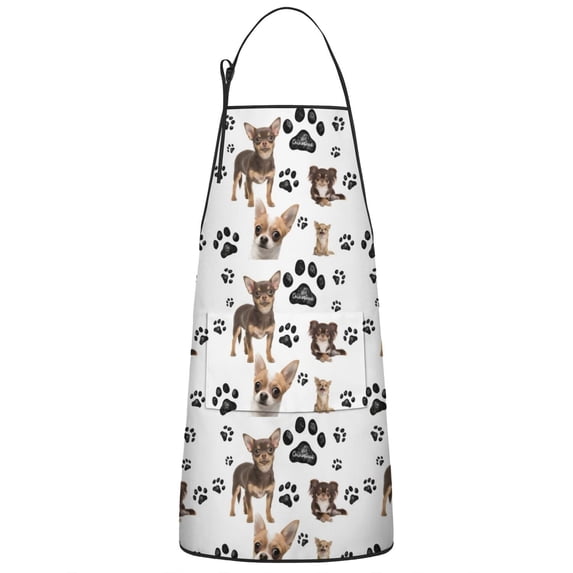 Chihuahua and Footprints Apron-Garden Aprons for Women with Pockets-Cotton Linen Waterproof Kitchen Cooking Gardening Aprons Adjustable for Kitchen,Cooking,BBQ and Salon 33x27 Inch