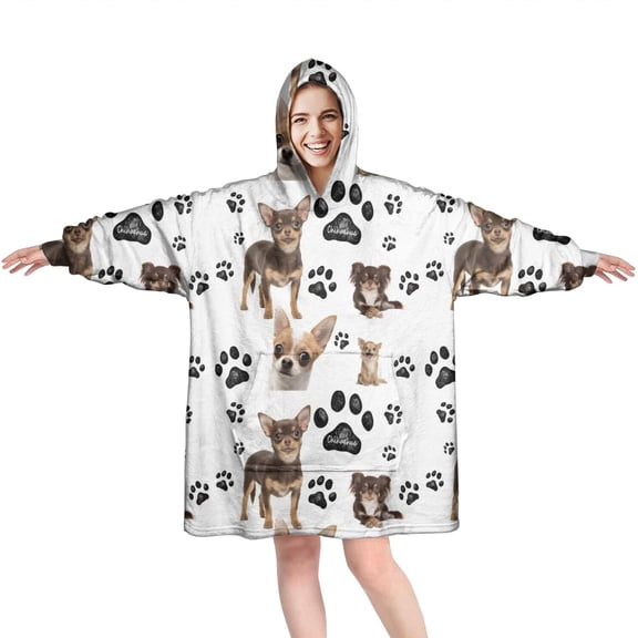 Chihuahua and Footprints Wearable Oversized Blanket,Wearable Blanket Hoodie for Adults,Cozy Hooded Blankets with Super Pockets,Super Warm Fuzzy Pullover for Women & Men