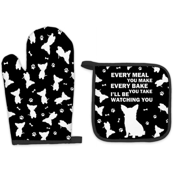 Chihuahua Gifts Dog Oven Mitts and Pot Holders Sets, Chihuahua Decor Dog Kitchen Accessories Sets, Every Meal You Make Chihuahua Black Heat Resistant Oven Glove Potholders for Kitchen Baking