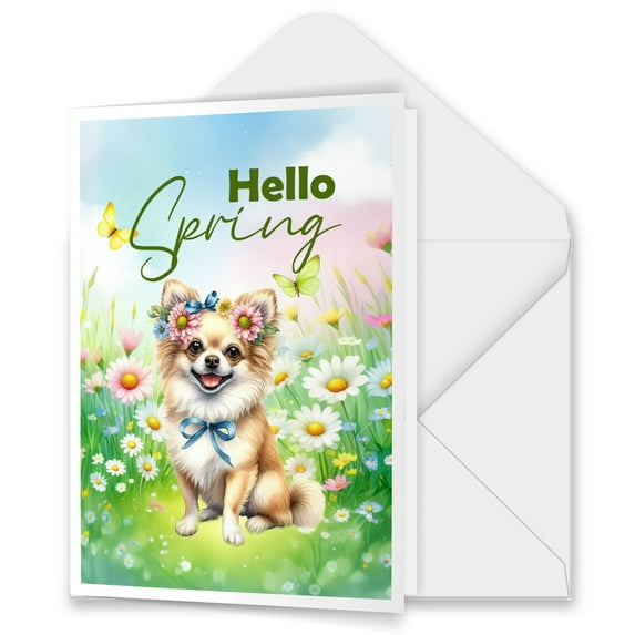 Chihuahua Hello Spring Time Flower Floral Nature 5x7in Folded Greeting Card Dog Lover Gifts Idea Single Note Card with Envelope - 02031