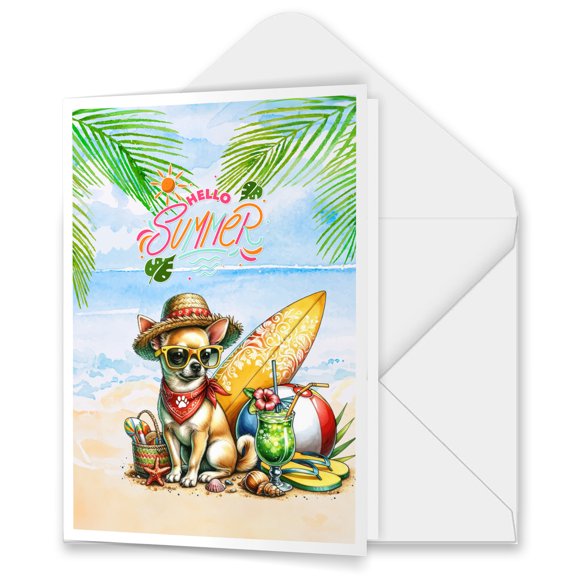 Chihuahua Hello Summer with Sunglasses and Surfboard Tropical Vibes 5x7in Folded Greeting Card Dog Lover Gifts Idea Single Note Card with Envelope - 00007