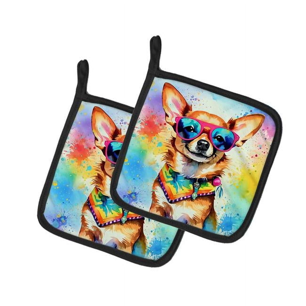 Chihuahua Hippie Dawg Pair of Pot Holders 7.5 in x 7.5 in