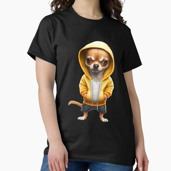 Chihuahua In Yellow Hoodie Fun Cute Holiday Style Dog Artwork Unisex T-Shirt, up to size 5XL