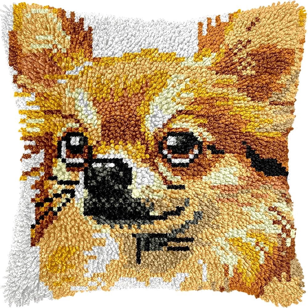 Chihuahua Latch Hook Kits Pillow kits Cushion Throw Pillow Embroidery Craft Kits DIY Kits of DIY Hooking Pillowcase Cover Supplier with Color Printed Canvas 43x43cm (159)