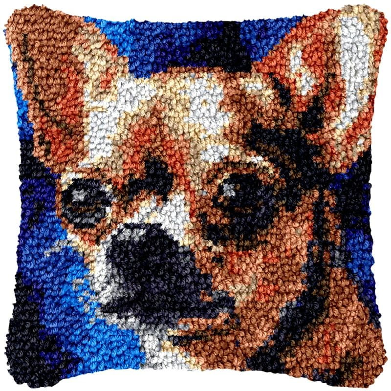 Chihuahua Latch Hook Pillow Cover Kits for DIY Handmade Throw Pillow Cross Stitch Latch Hook Pillowcase Rug Kits with Preprinted Color Pattern Canvas Crochet Yarn Kits 17''X 17''(ys202)
