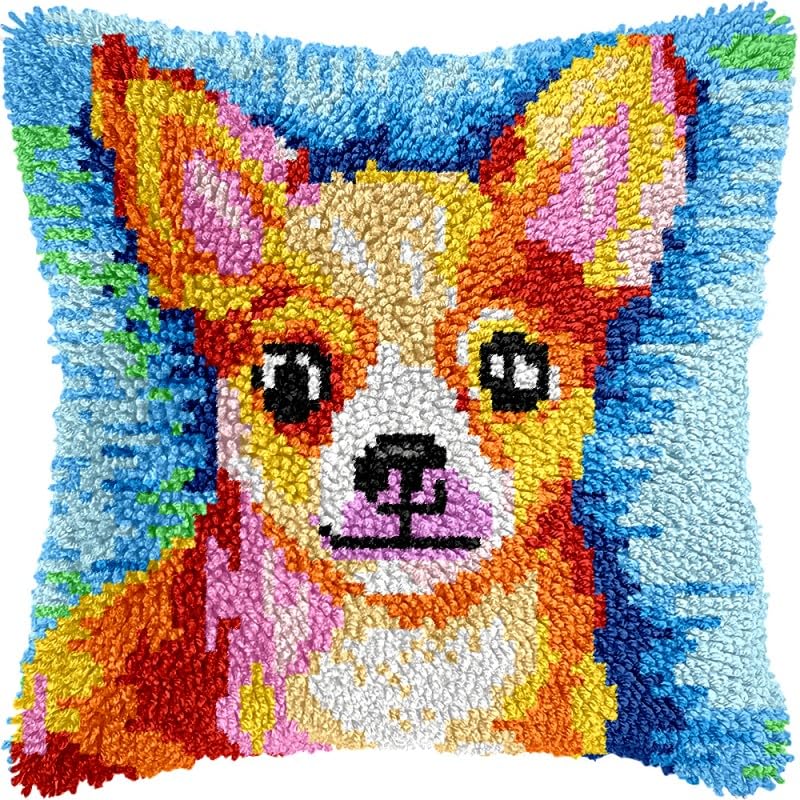 Chihuahua Latch Hook Pillow Kits Pillow Cover with Pattern Printed Canvas Sofa Hooking Pillowcase Cushion Crafts Embroidery Latch Hooking Crochet Starter Kits 17x17 inch(1)