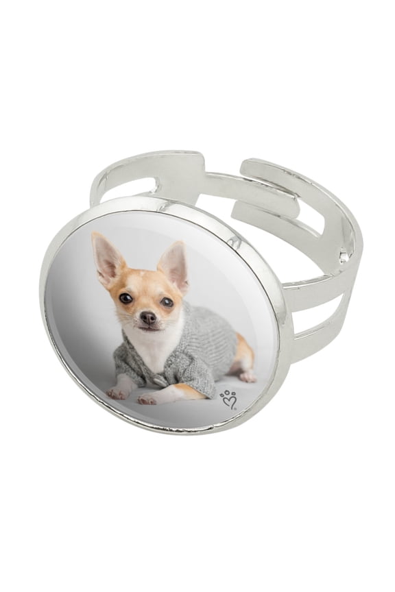 Chihuahua Little Dog in a Sweater Silver Plated Adjustable Novelty Ring