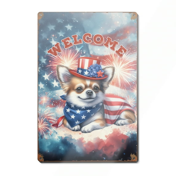 Chihuahua Patriotic Welcome for 4Th of July Independence Day Vertical Metal Aluminum Sign Dog Lover Gifts Idea Wall Art Home Decor - 00010