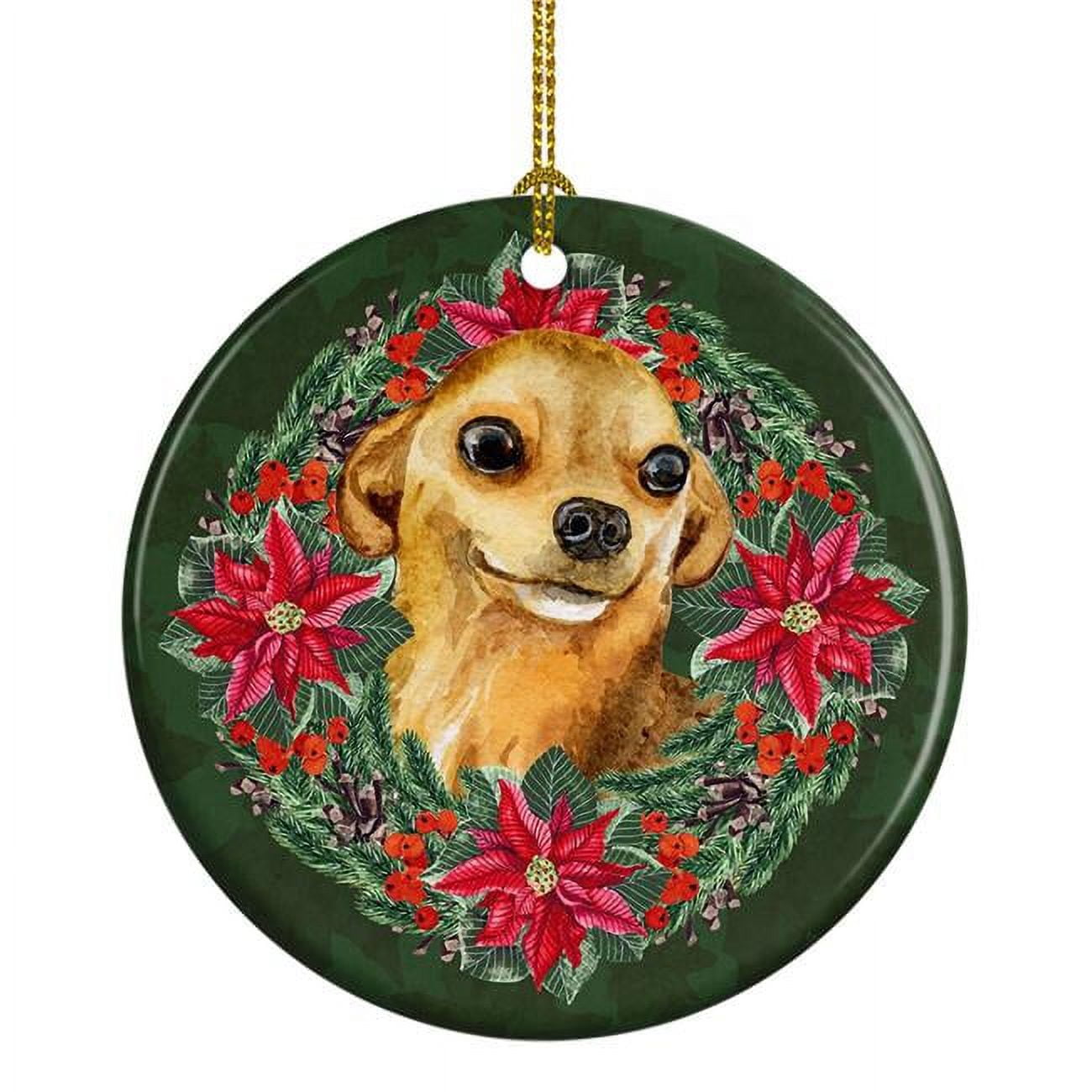 Chihuahua Poinsetta Wreath Ceramic Ornament 2.8 in x 2.8 in