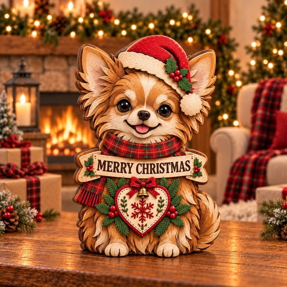 Chihuahua Santa Hat Christmas Wooden Block 3 Layer Figurine for Dog Lovers