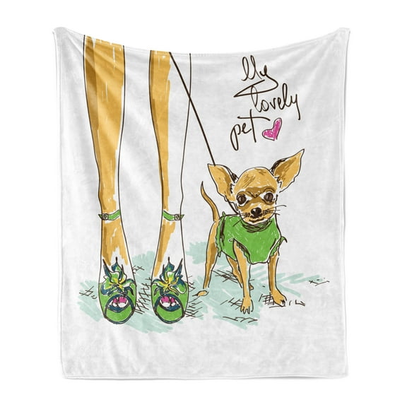 Chihuahua Soft Flannel Fleece Throw Blanket, Colorful Sketch of Dog and Woman Owners Legs with My Pet Lettering, Cozy Plush for Indoor and Outdoor Use, 60" x 80", Multicolor, by Ambesonne