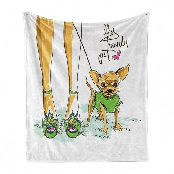 Chihuahua Soft Flannel Fleece Throw Blanket, Colorful Sketch of Dog and Woman Owners Legs with My Pet Lettering, Cozy Plush for Indoor and Outdoor Use, 50" x 60", Multicolor, by Ambesonne