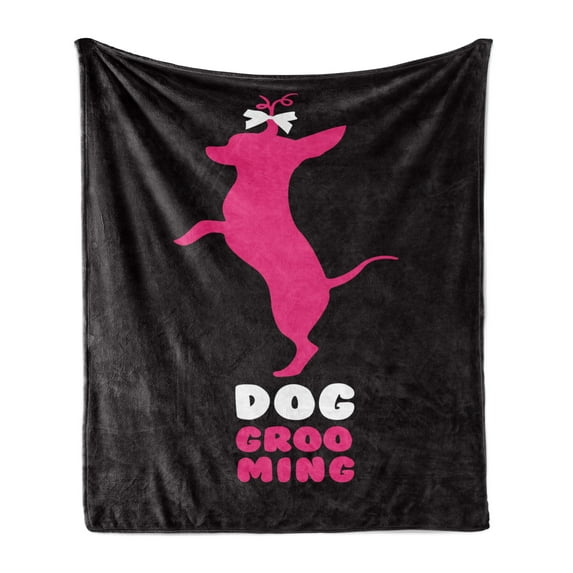 Chihuahua Soft Flannel Fleece Throw Blanket, Dog Grooming Typography and Puppy Standing with Funny Hair Bow, Cozy Plush for Indoor and Outdoor Use, 60" x 80", Charcoal Grey Hot Pink, by Ambesonne