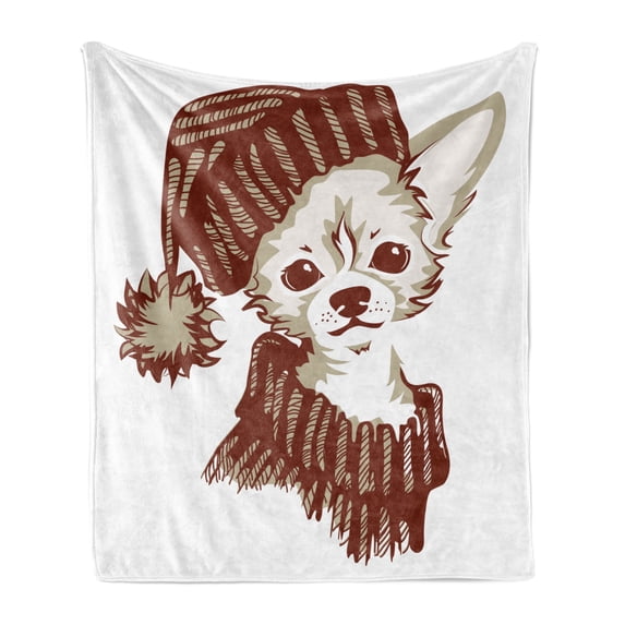 Chihuahua Soft Flannel Fleece Throw Blanket, Sketchy Drawing of Puppy with Funny Hat and Pullover Pet Cartoon, Cozy Plush for Indoor and Outdoor Use, 70" x 90", Dark Rust Dusk and White, by Ambesonne