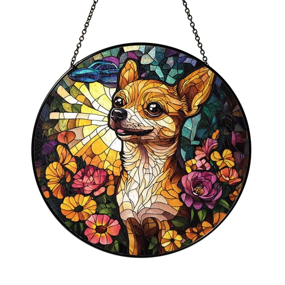 Chihuahua UFO Stained Glass Window Hanging – Quirky Extraterrestrial Dog Design, Cosmic Window Art, Unique Gift for Chihuahua and Sci-Fi Fans