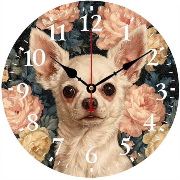 Chihuahua Wall Clock, 9.84 Inch Battery Operated Analog Clock, Floral Dog Wall Decor, Easy to Read Numbers for Home Kitchen Bedroom Office