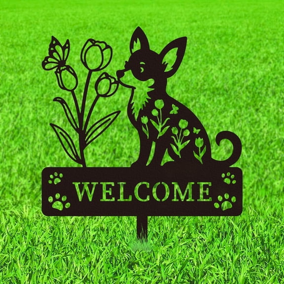 Chihuahua Welcome Metal Decorative Garden Stakes Dog Tulip Flower Outdoor Statues Silhouette Funny Black Animal Outdoor Stakes Decor